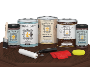 Retique It® Wood'n Cabinet Kit Java stain with 48 grained cabinet doors in satin finish, shown on a tabletop.