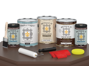 Retique It® Wood'n Finish Kit Java interior top coat, large multi-purpose wood finish set, satin finish on a table surface.