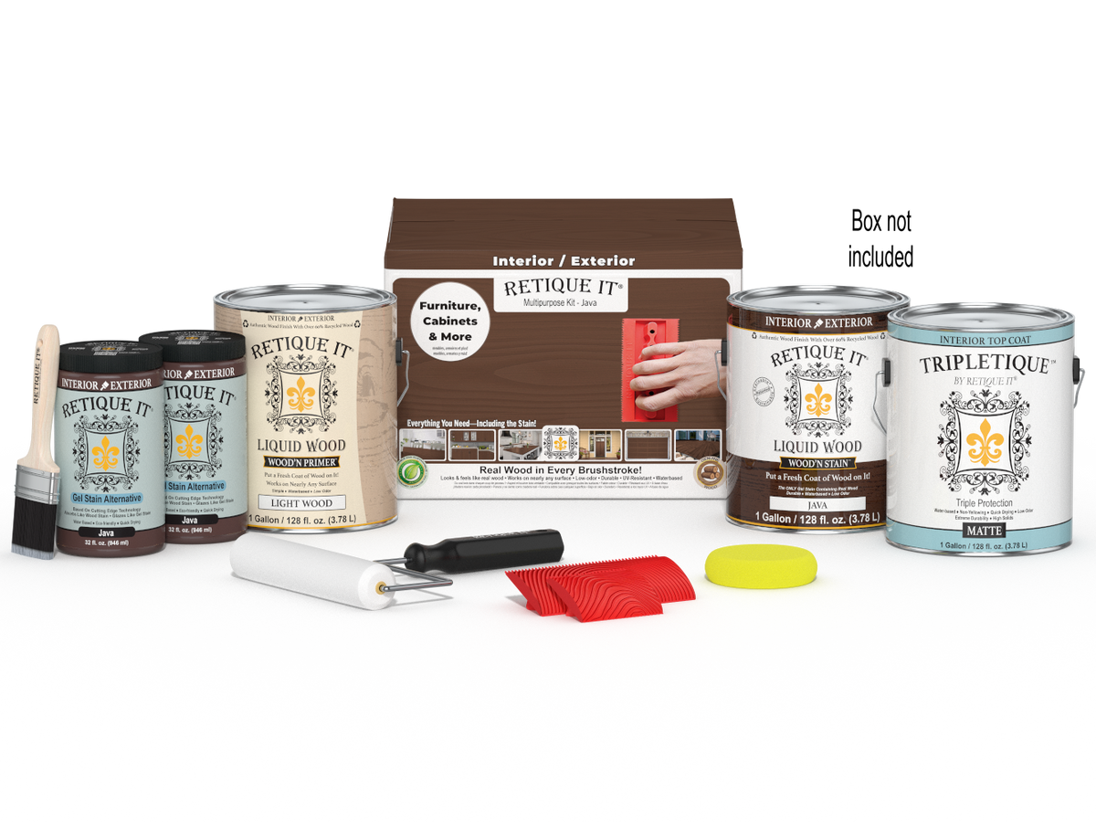 Four large Java Wood'n Finish Kits by Retique It® for interior top coating, with wood finish bottles and application tools visible.