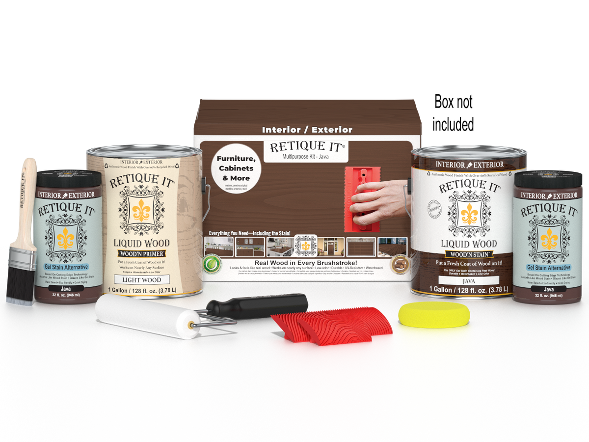 Retique It® Wood'n Finish Kit Java with four large wood stain applicator bottles and box, ideal for multi-purpose wood finishing projects.