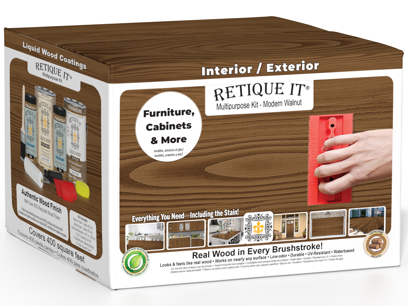 Retique It® Wood'n Kit in Modern Walnut with four large finish bottles, designed for multi-purpose wood finishing projects.