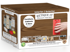 Retique It® Wood'n Kit in modern walnut with interior topcoat, featuring four large wood finish bottles in a sleek box.