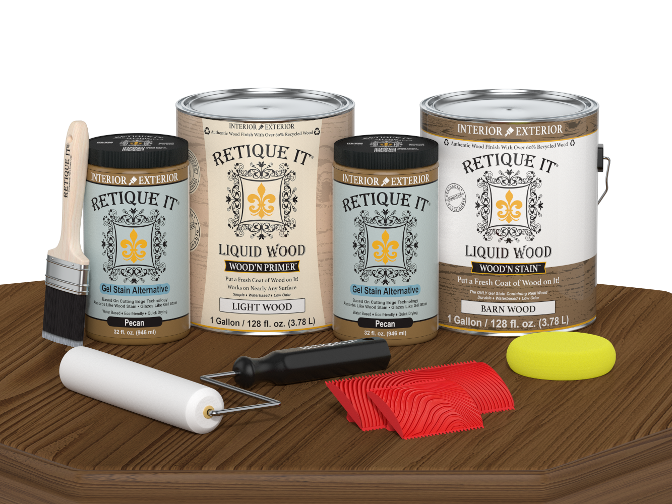 Retique It® Wood'n Finish Kit in walnut, 4 large multi-purpose wood finishing products displayed on a table.