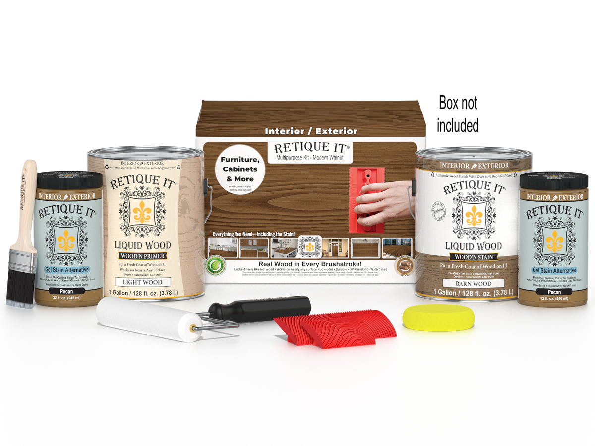Retique It® Wood'n Kit in Modern Walnut with four large finish containers and application tools, designed for wood finishing projects.