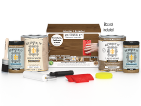Retique It® Wood'n Kit in Modern Walnut with four large finish containers and application tools, designed for wood finishing projects.