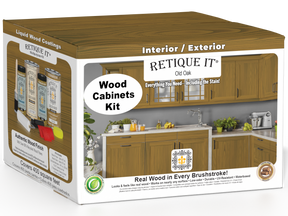 Retique It Wood'n Cabinet Kit in Old Oak stain with 48 grained cabinet doors, featuring a natural wood finish and detailed grain pattern.