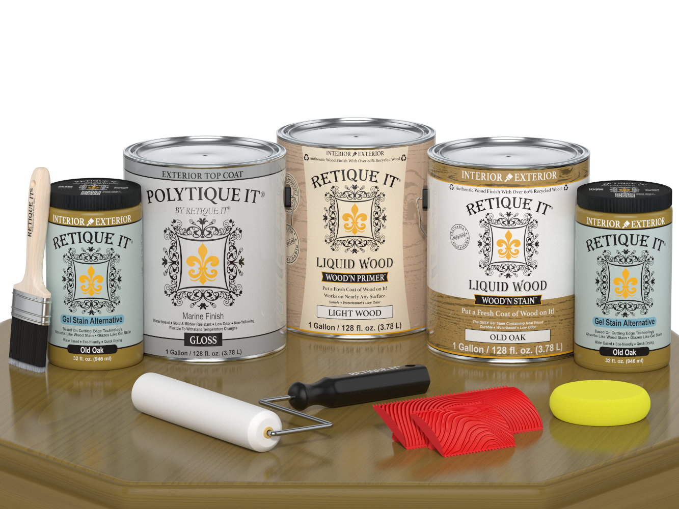 Retique It® Wood'n Finish Kit in Old Oak, large exterior top coat with glossy finish, shown in a table application.