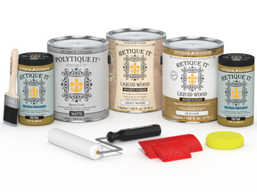 Retique It® Wood'n Finish Kit in Old Oak, 4-piece set, with exterior top coat and matte finish for wood projects.
