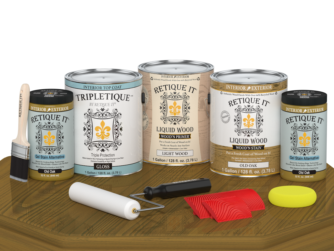 Retique It® Wood'n Cabinet Kit with 48 grained old oak doors and gloss stain finish, shown on a table.