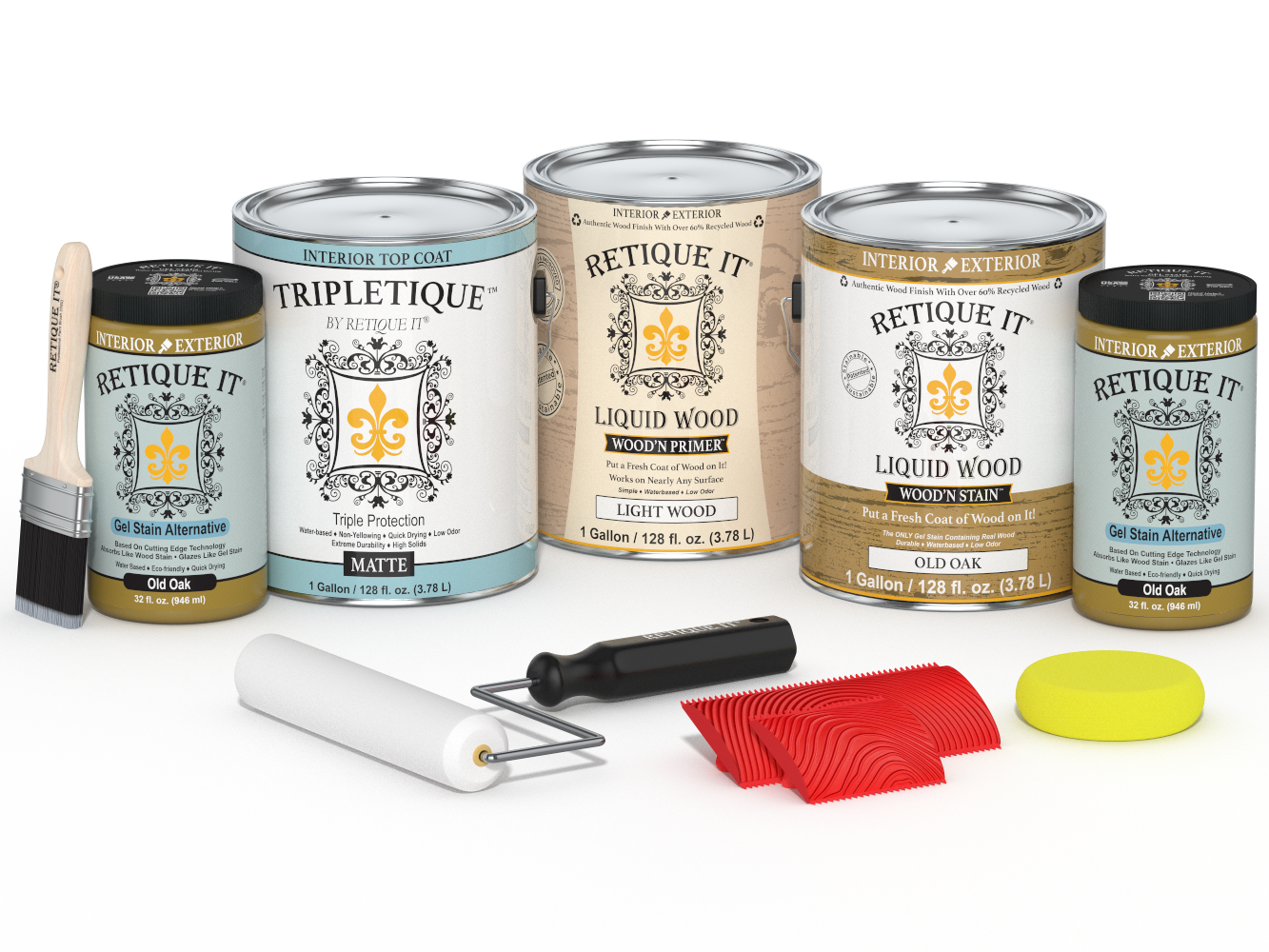 Retique ItÂ® Wood'n Kit in Old Oak with matte finish, includes four large wood finish bottles for interior top coating.