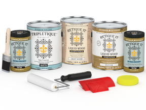 Retique ItÂ® Wood'n Kit in Old Oak with matte finish, includes four large wood finish bottles for interior top coating.
