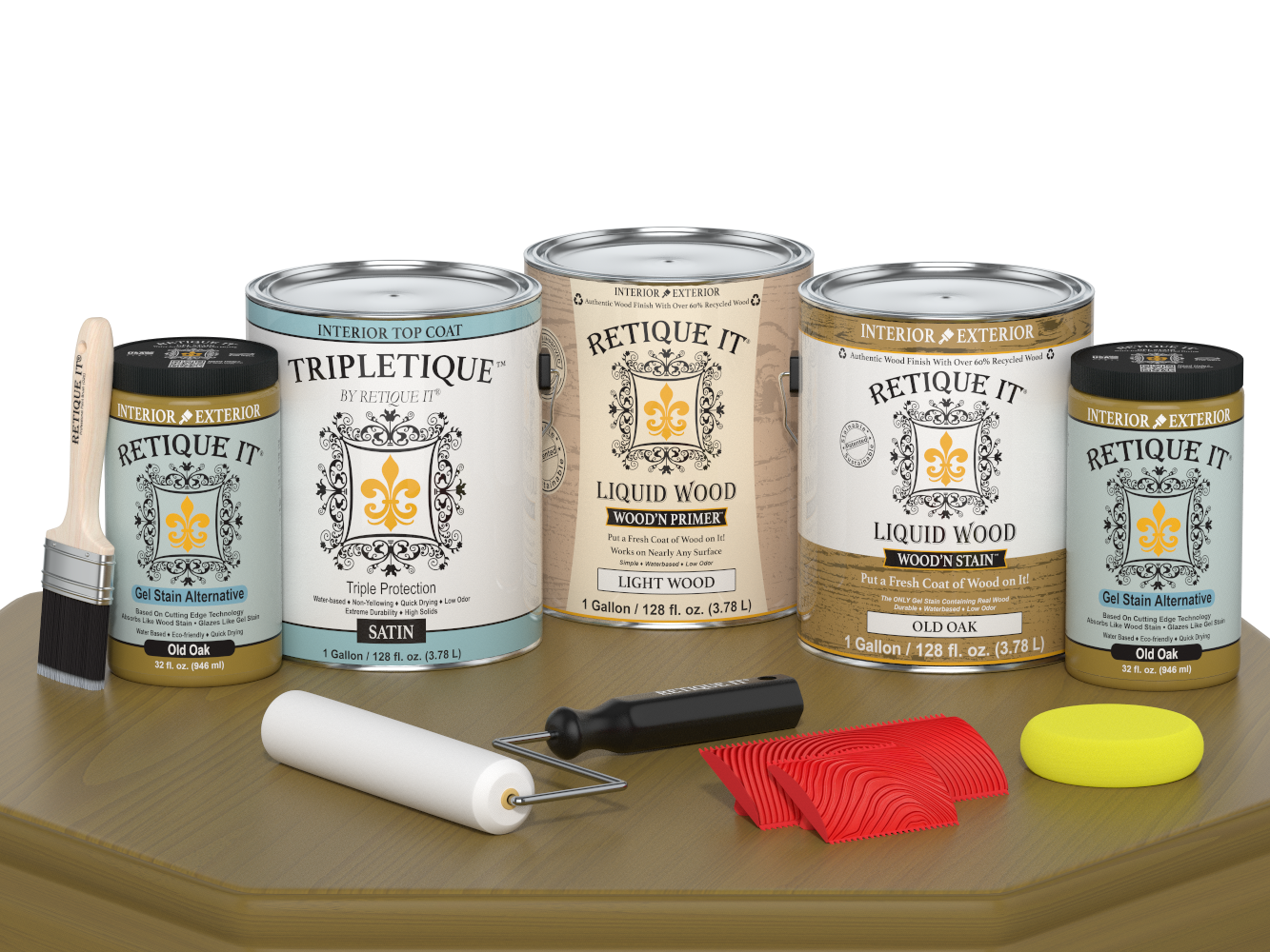 Retique ItÂ® Wood'n Finish Kit in Old Oak with satin top coat, showing four large wood finish bottles for interior use.
