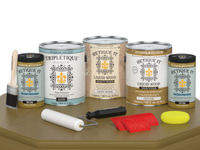 Retique ItÂ® Wood'n Finish Kit in Old Oak with satin top coat, showing four large wood finish bottles for interior use.