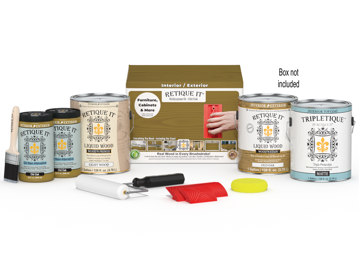 Retique ItÂ® Wood'n Kit in Old Oak with four large containers and applicator brush for interior wood finishing.