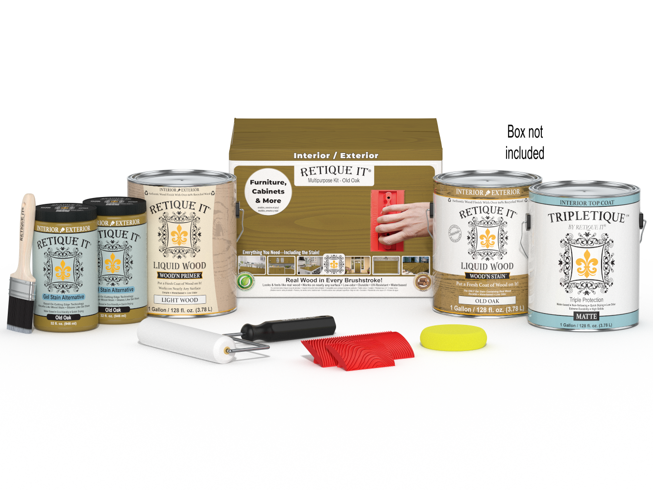Retique ItÂ® Wood'n Kit in Old Oak with four large containers and applicator brush for interior wood finishing.