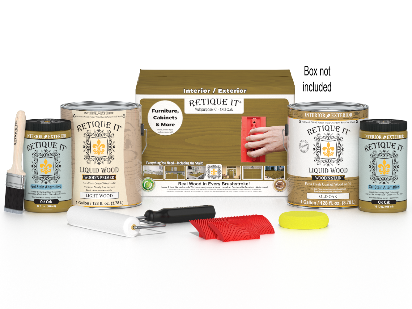 Retique ItÂ® Wood'n Finish Kit in Old Oak with four large wood stain samples and application tools for multi-purpose wood finishing.