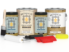 Retique ItÂ® Wood'n Finish Kit in Old Oak, a multi-purpose wood finishing set with four large bottles, shown with wood surfaces.