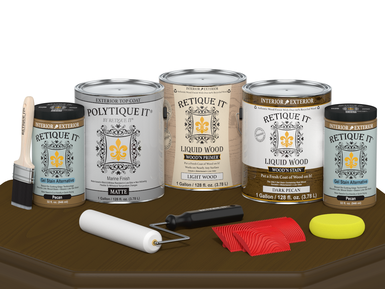 Retique It® Wood'n Kit Multi-purpose dark pecan exterior top coat with four large containers, matte finish on a wooden table.
