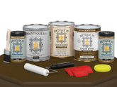 Retique It® Wood'n Kit Multi-purpose dark pecan exterior top coat with four large containers, matte finish on a wooden table.
