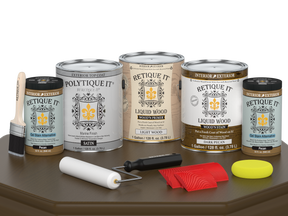 Retique It® Wood'n Kit in Dark Pecan with satin finish, featuring four large exterior top coat wood finish containers.