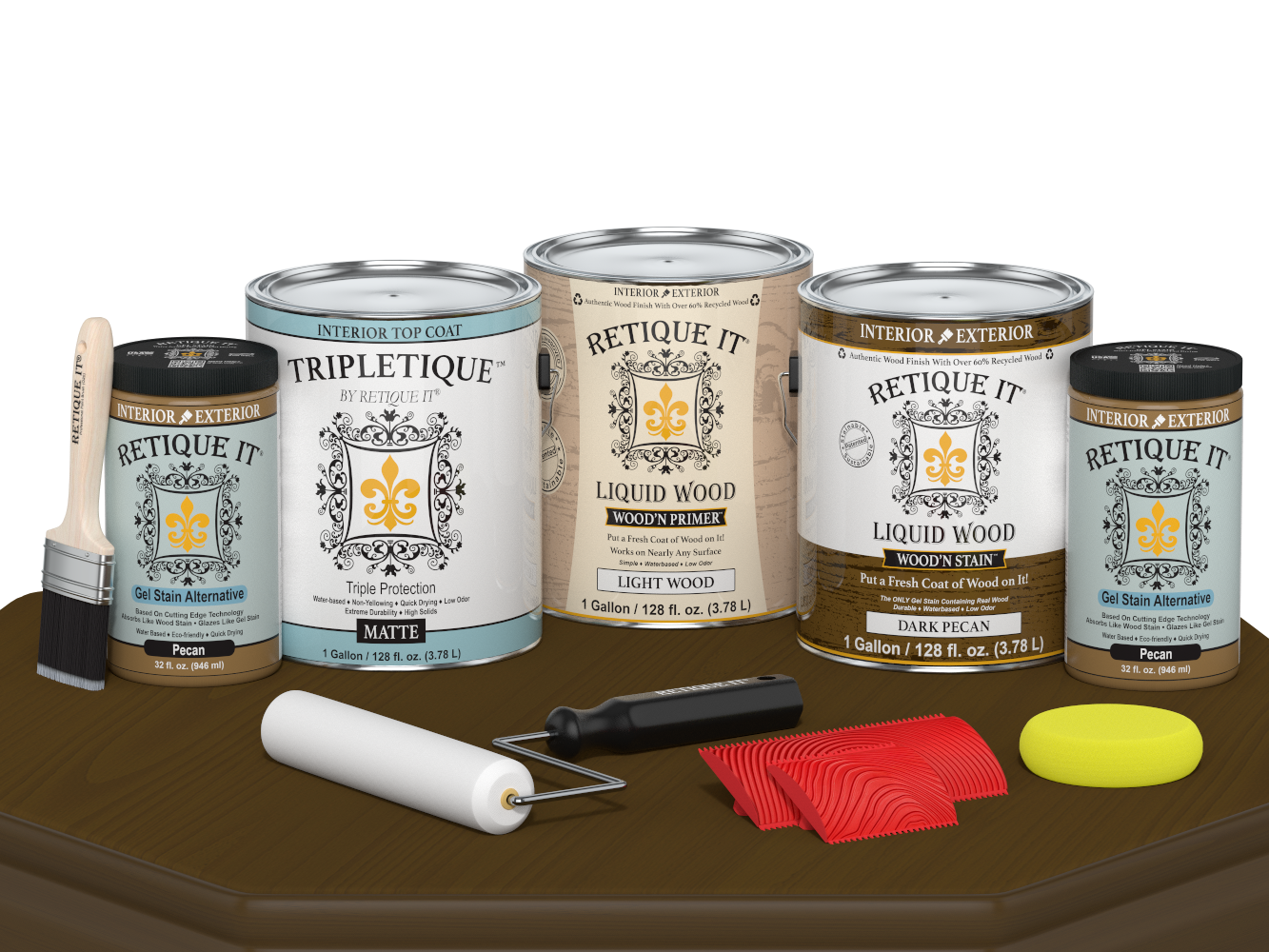 Dark Pecan Wood'n Finish Kit by Retique It® with four large bottles of interior top coat for wood furniture and projects.
