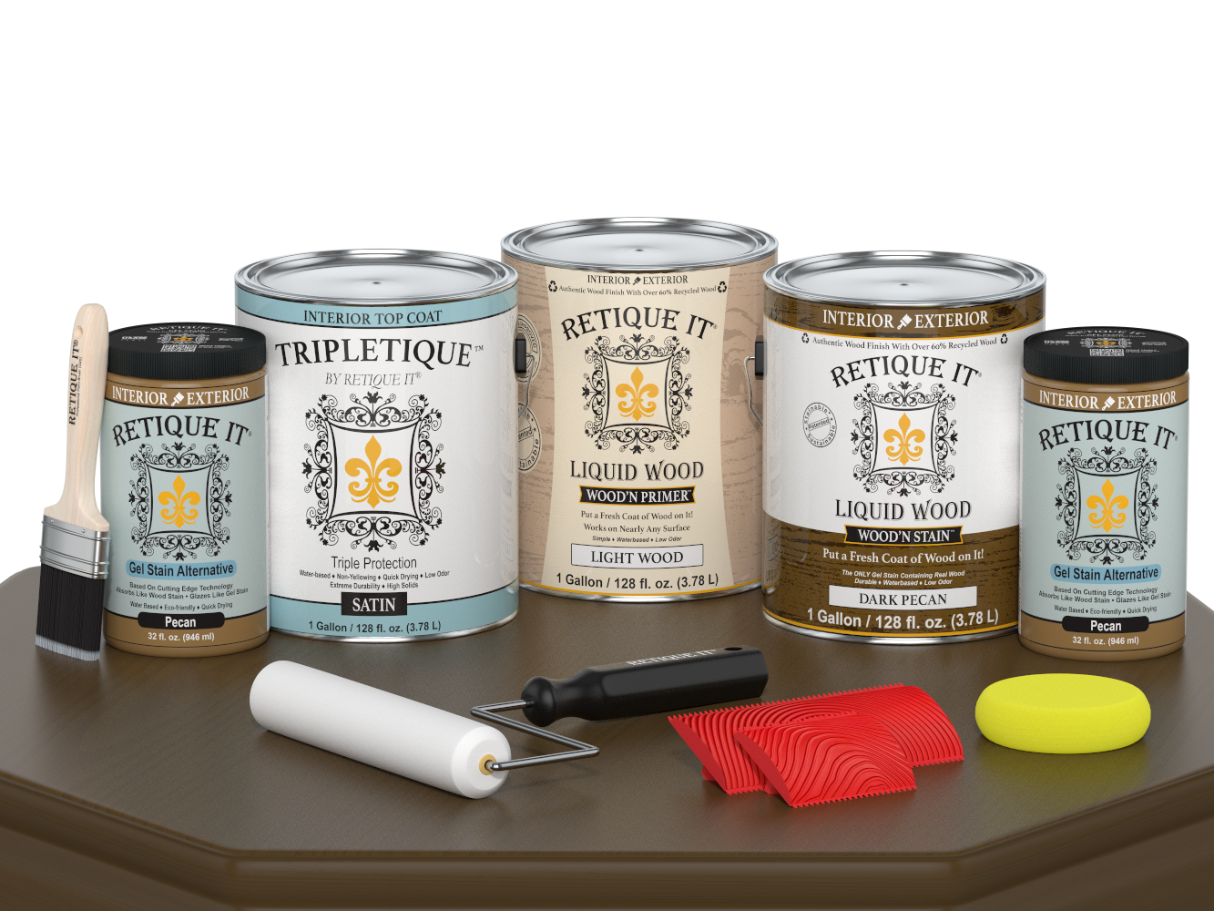 Retique It® Wood'n Finish Kit in Dark Pecan for interior wood projects, featuring a satin top coat and four large containers.