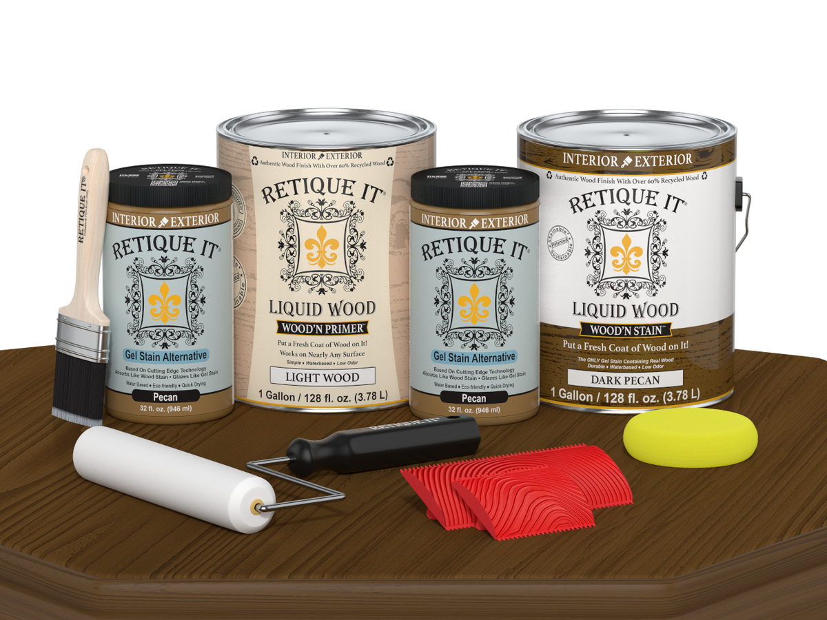 Retique It® Wood'n Cabinet Kit with 48 grained dark pecan stain, showing a finished cabinet door with rich wood grain detail.