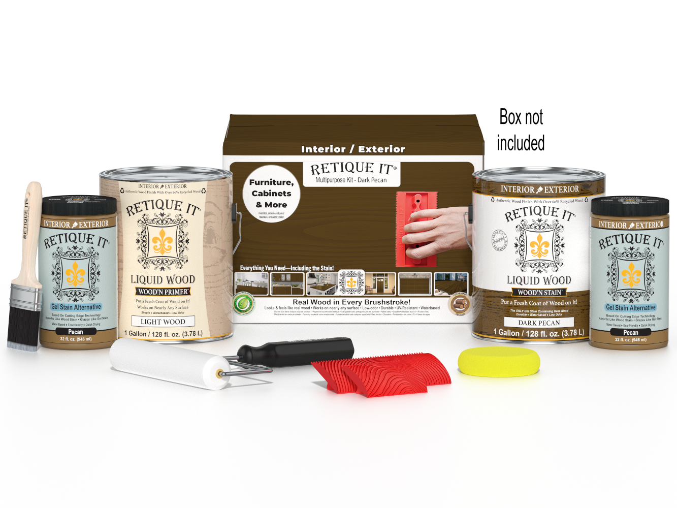 Retique ItÂ® Wood'n Finish Kit in Dark Pecan with four large wood stain applicators and a box included.