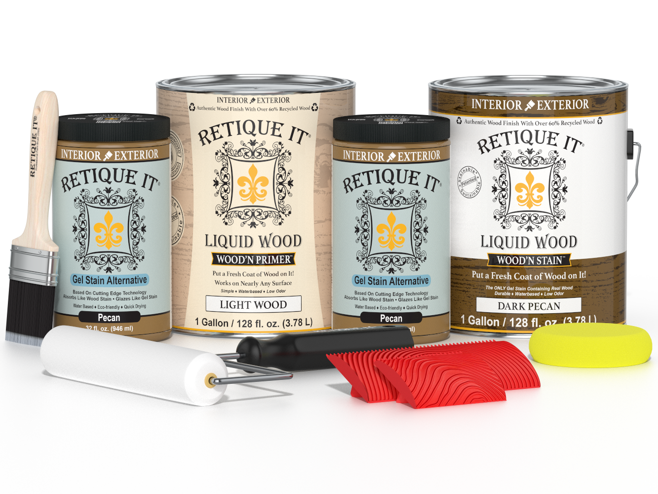 Retique ItÂ® Wood'n Finish Kit in Dark Pecan with four large bottles, designed for multi-purpose wood finishing projects.