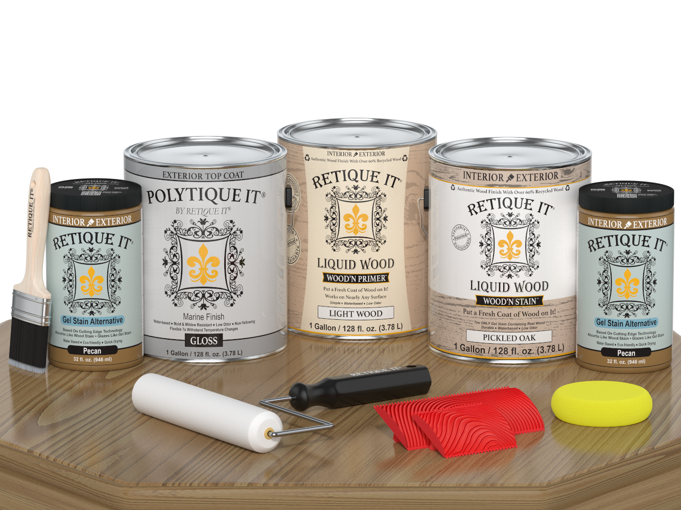 Retique It® Wood'n Finish Kit in Pickled Oak, 4-pack, exterior top coat for wood surfaces, glossy finish on a table.