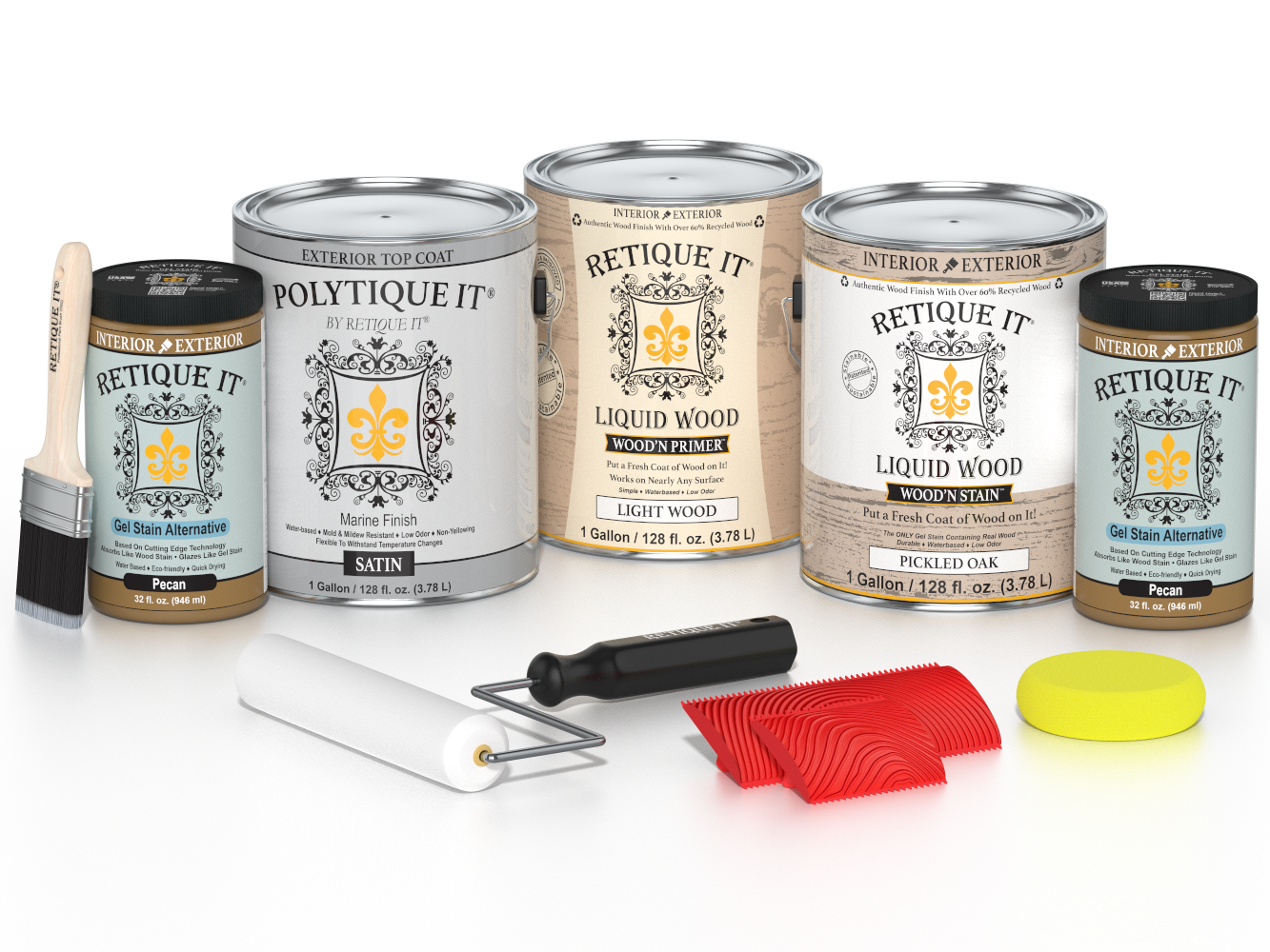 Retique It® Wood'n Kit in Pickled Oak for exterior wood finishing, featuring a satin top coat with four large containers.