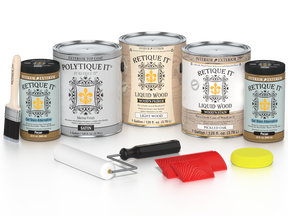 Retique It® Wood'n Kit in Pickled Oak for exterior wood finishing, featuring a satin top coat with four large containers.