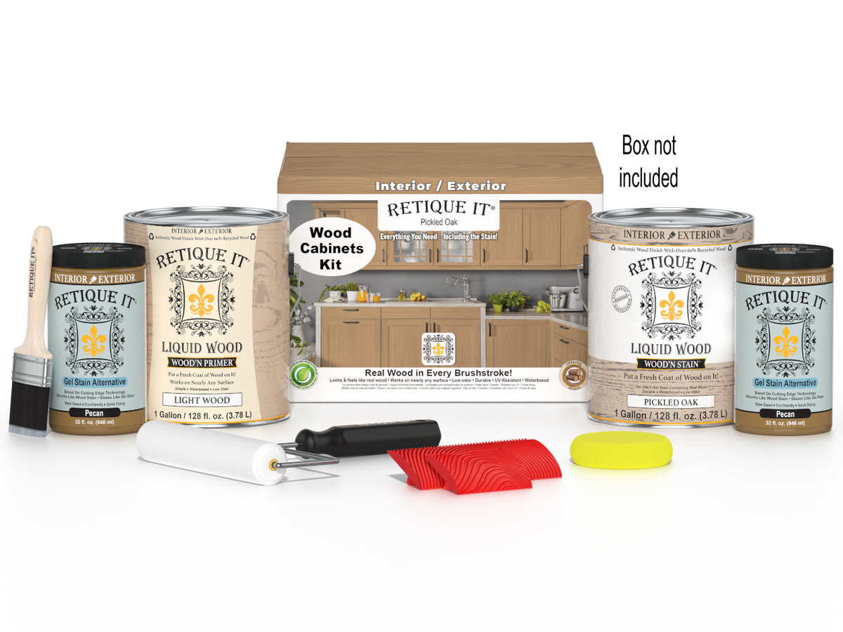 Retique It® Wood'n Cabinet Kit with 48 pickled oak grained cabinet doors and stain for DIY kitchen or furniture renovation.