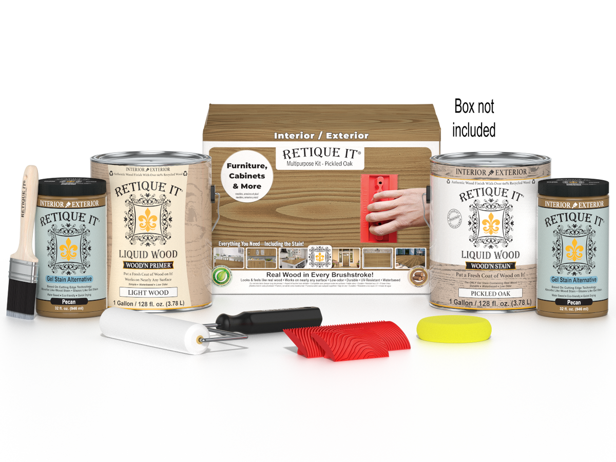 Retique It® Wood'n Finish Kit in Pickled Oak with four large containers, ideal for multi-purpose wood finishing projects.