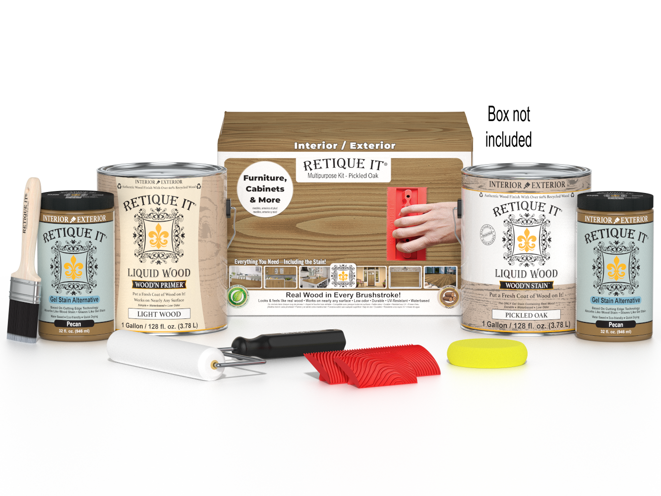 Retique It® Wood'n Finish Kit in Pickled Oak with four large containers, ideal for multi-purpose wood finishing projects.