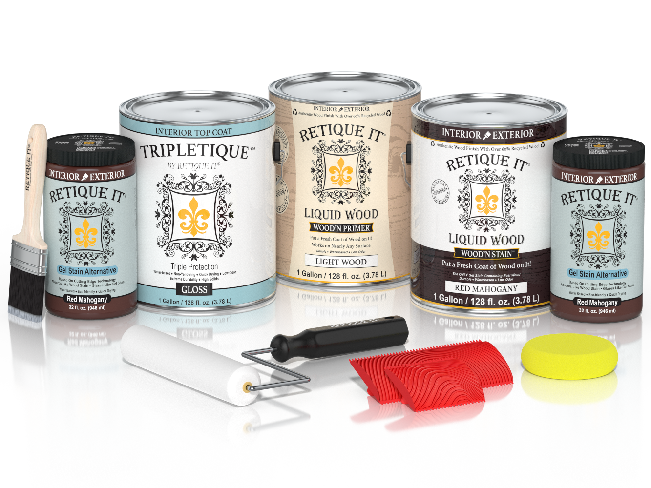 Retique It® Wood'n Cabinet Kit with 48 red mahogany stained, grained cabinet doors, glossy finish, for kitchen or bathroom remodeling.