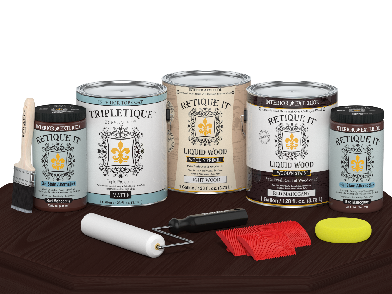 Retique It® Wood'n Cabinet Kit with red mahogany stain, featuring 48 grained cabinet doors and matte finish on a table surface.