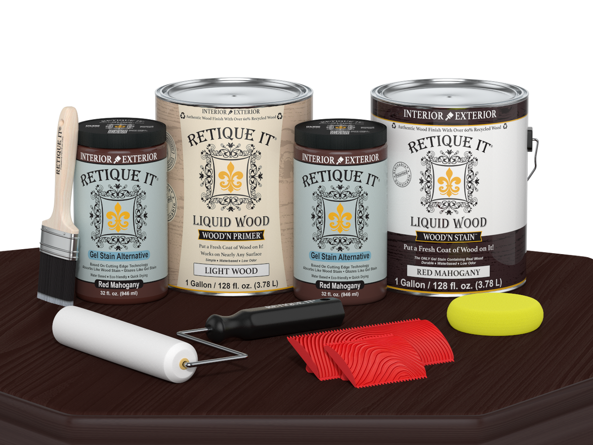 Retique It® Wood'n Cabinet Kit with 48 red mahogany grained stain, displayed on a table, showcasing wood grain finish.