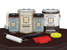 Retique It® Wood'n Cabinet Kit with 48 red mahogany grained stain, displayed on a table, showcasing wood grain finish.
