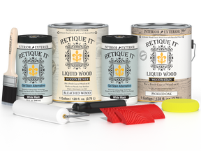 Sun-bleached Wood'n Kit by Retique It® with four large wood finish bottles and application tools for multi-purpose wood finishing.