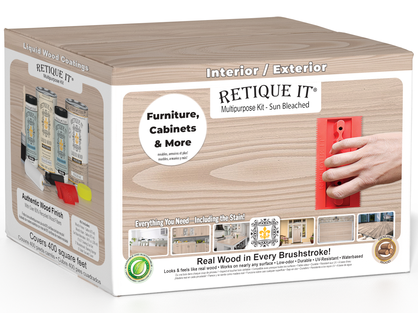 Sun-bleached Retique It® Wood'n Finish Kit with four large multi-purpose wood finishing products, shown in a branded box.