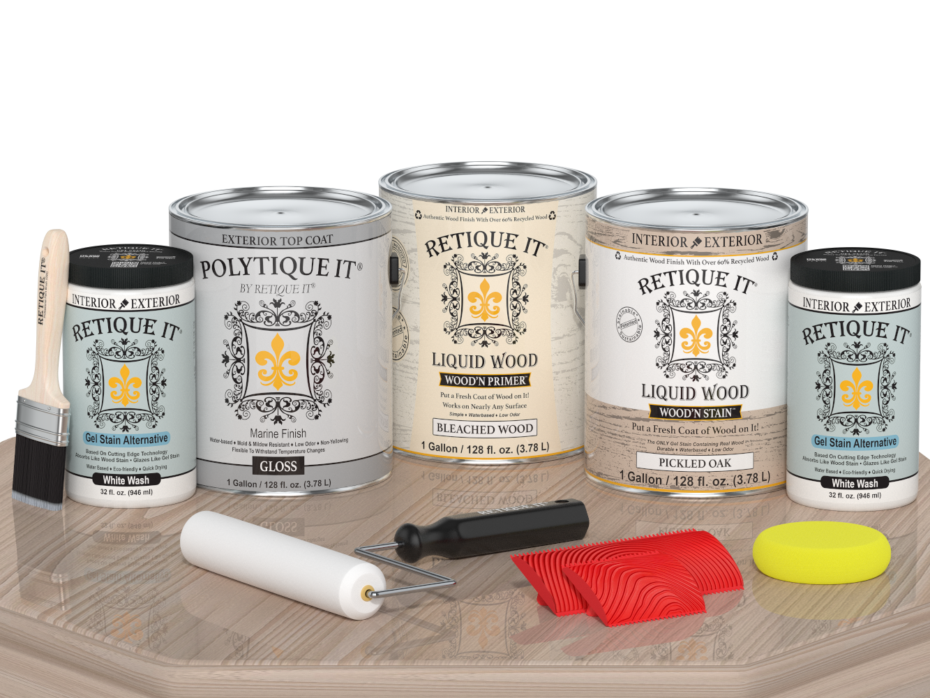 Sun-bleached Retique It® Wood'n Finish Kit for exterior wood, with four large top coat bottles displayed on a table.