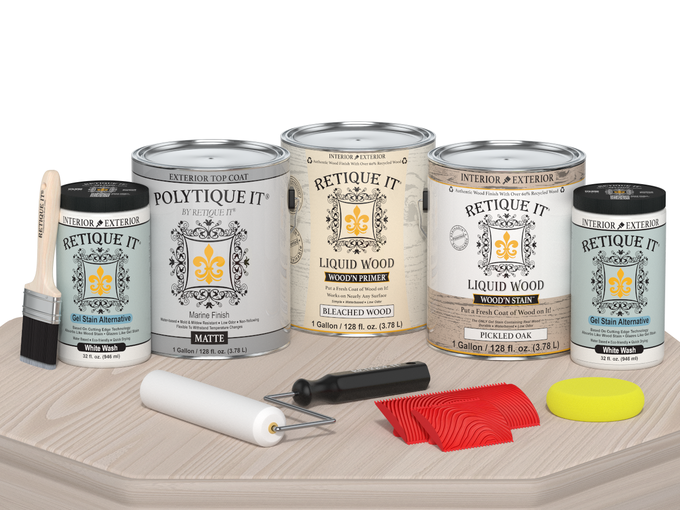 Retique It Wood'n Finish Kit in matte finish, large size with wood stain and finishing supplies, shown on a table.