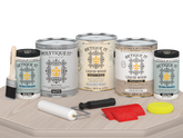 Retique It Wood'n Finish Kit in matte finish, large size with wood stain and finishing supplies, shown on a table.
