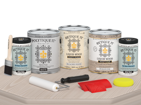 Retique It Wood'n Finish Kit in matte finish, large size with wood stain and finishing supplies, shown on a table.