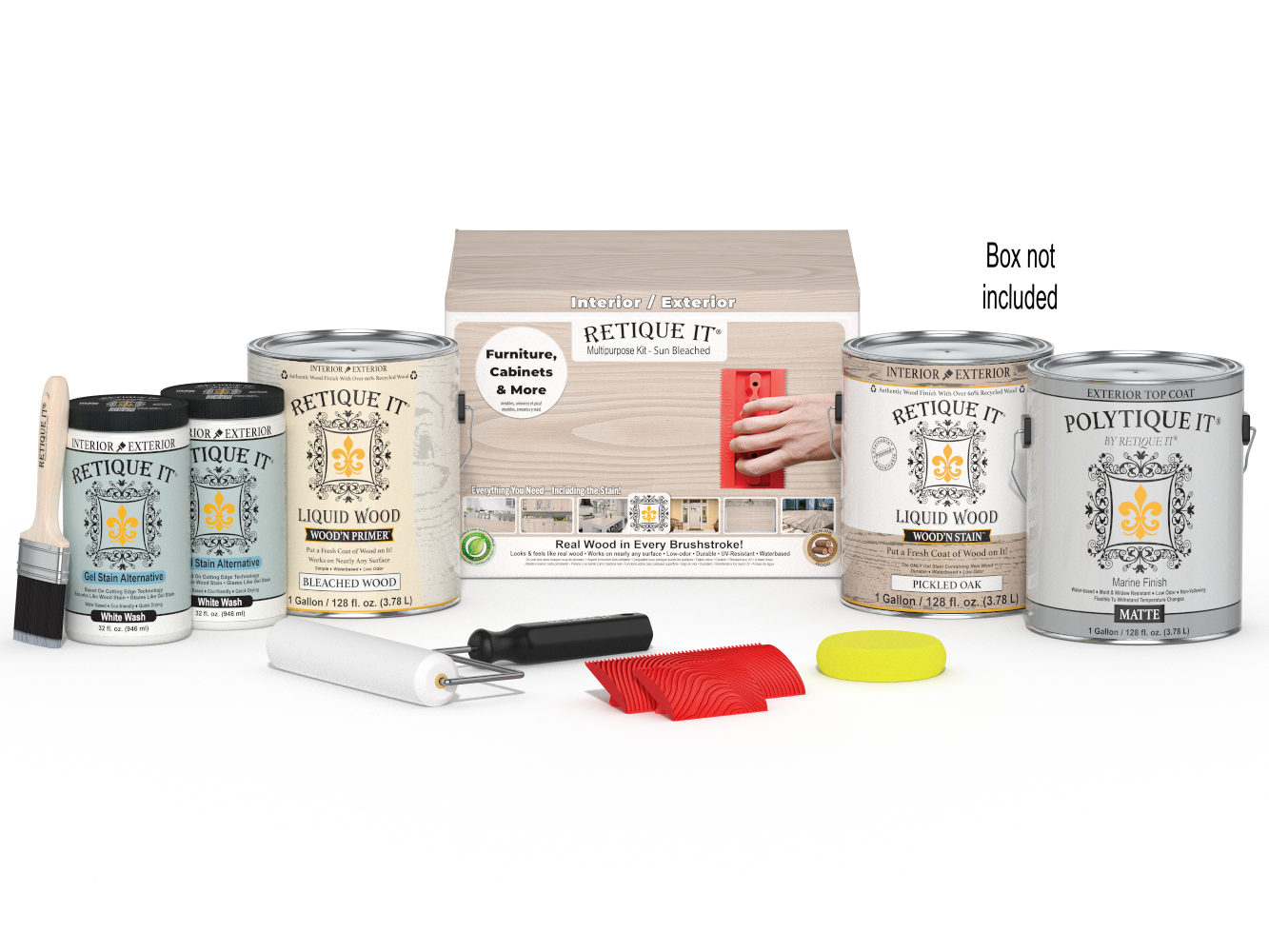 Retique It Wood'n Finish Kit in large size, featuring a wooden box with various finishing tools and supplies for wood projects.