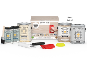 Retique It Wood'n Finish Kit in large size, featuring a wooden box with various finishing tools and supplies for wood projects.