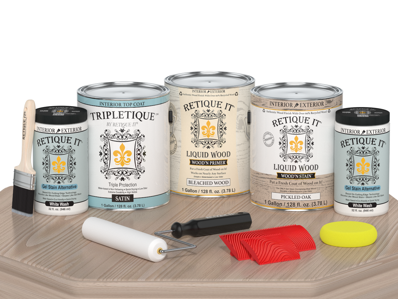 Retique It® Wood'n Kit Multi-purpose wood finish set with four sun-bleached interior top coats, satin finish on a table surface.