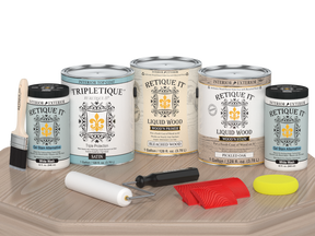 Retique It® Wood'n Kit Multi-purpose wood finish set with four sun-bleached interior top coats, satin finish on a table surface.
