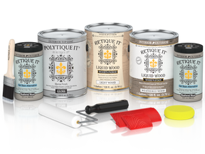 Glossy weathered wood exterior top coat in a Multi-purpose Wood'n Kit by Retique It®, shown in a plastic container.